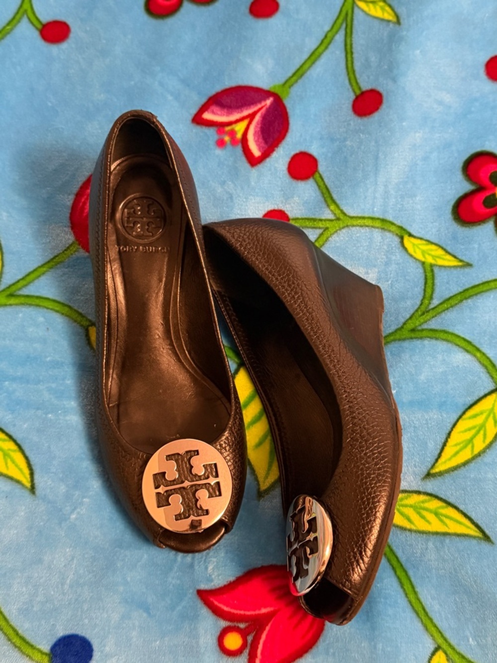 Tory Burch Black Leather Peep-Toe Wedge with Gold Logo Medallion